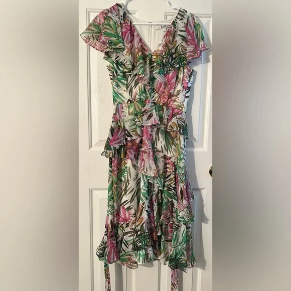 BADGLEY MISHKA 8 EASTER Resort Wedding Coastal Palm Ruffle Pink Green Maxi Dress - Picture 9 of 16